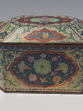 Vintage Metal Box Co England Octagonal Floral Tin Tea Box